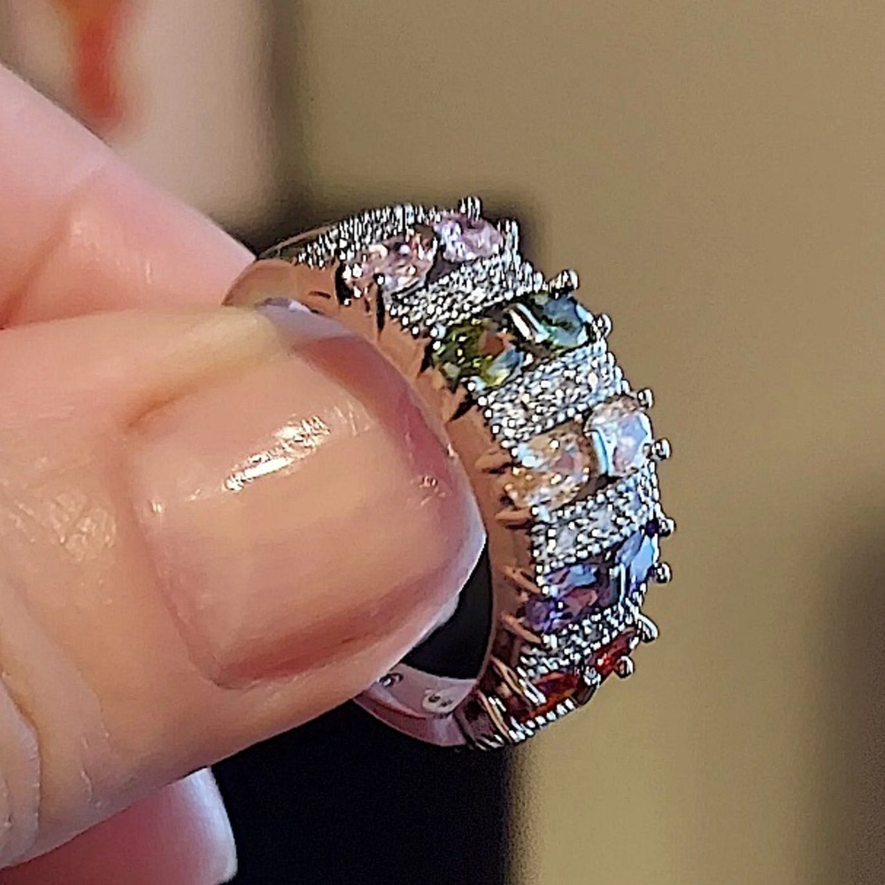 PLATINUM RAINBOW ZIRCON RING PROMISE CZ BAND RING - Picture 7 of 9